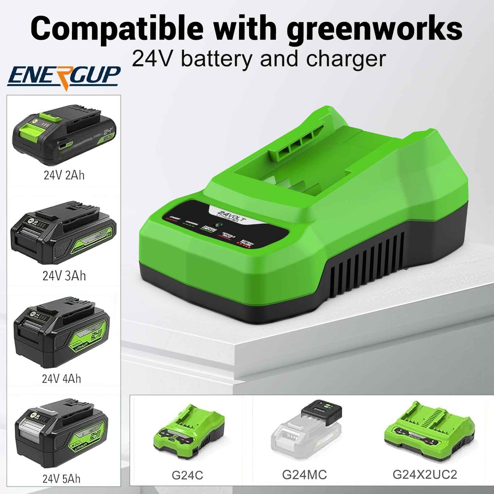Energup 24V CAF806 Charger for Greenworks 24V Battery, Compatible with 24Volt Li-ion BAG708 BAG709 BAG710 for greenworks Battery Charger 24Volt