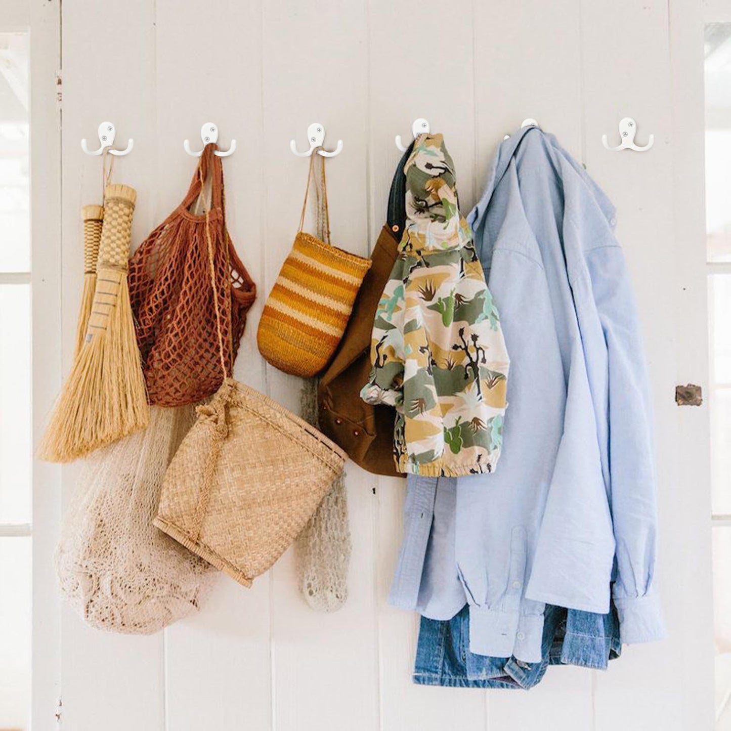 Homanu 14 Pack Coat Hooks, Heavy Duty Double Prong Coat Hooks Wall Mounted with 28 Screws, No Rust White Metal Wall Hooks for Hanging Towel, Coat, Bag, Hat, Cup, Key