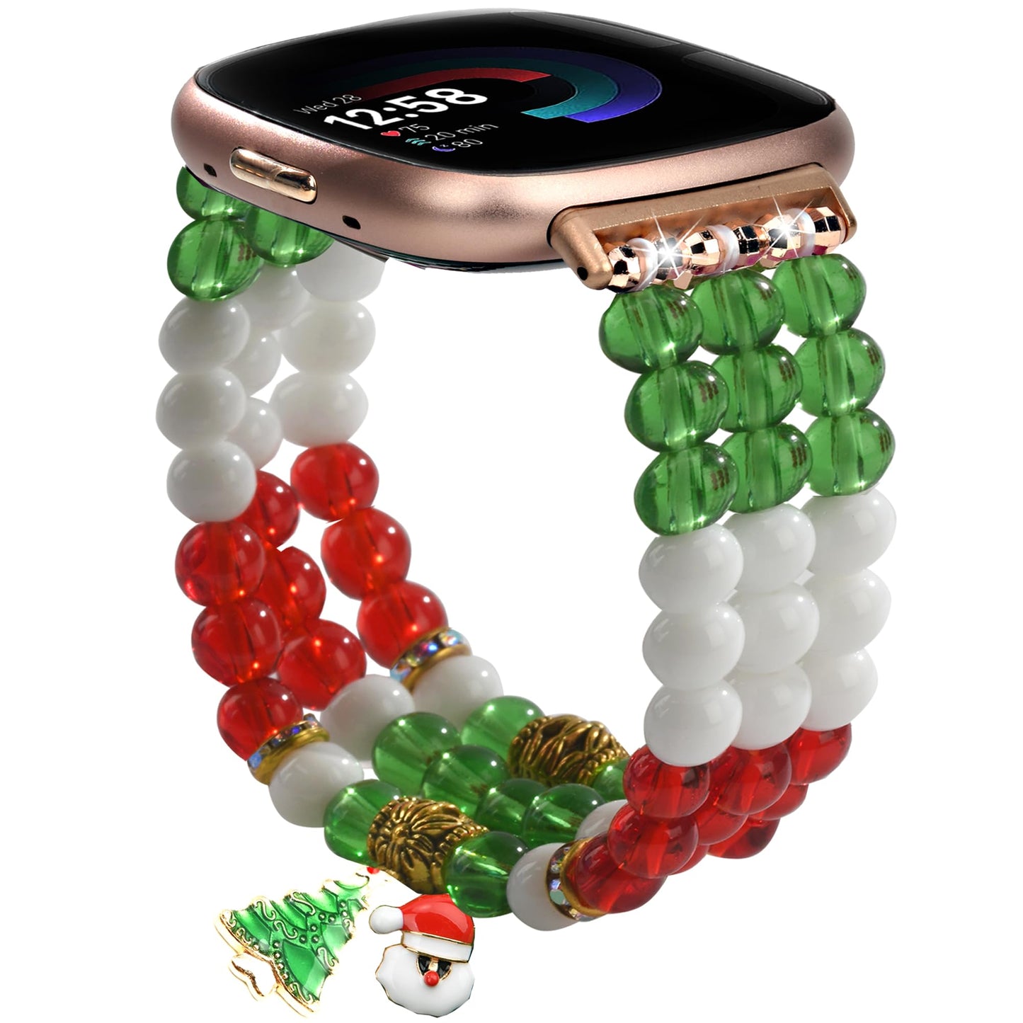 Wongeto Compatible with Fitbit Versa 3/4 Bands/Fitbit Sense/Sense 2 Bands for Women,Handmade Elastic Beadeds Bracelet for Fitbit Versa 4/Sense 2(Christmas Color)