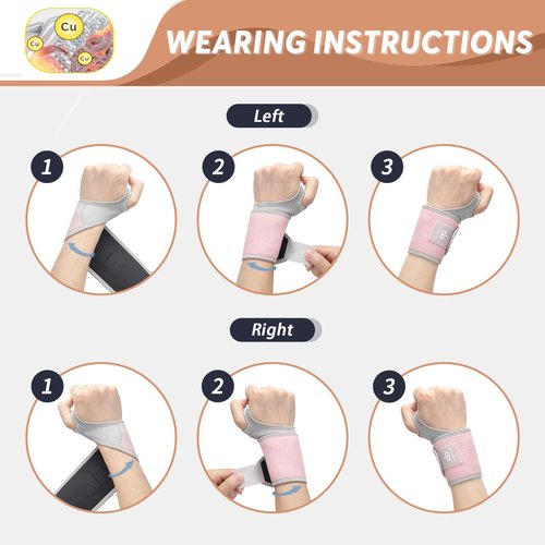 INDEEMAX Copper Carpal Tunnel Wrist Brace, 2 Pack Wrist Support Wraps for Men Women, Adjustable Compression Wrist Brace for Tendonitis, Pain Relief, Arthritis, Sports, Work, Sleeping, Both Hands, Pink