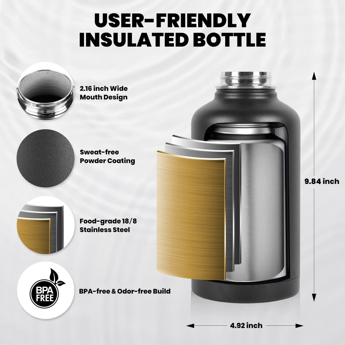 RAYMYLO Insulated Water Bottle - 64 Oz Triple Wall Vacuum Stainless Steel | Cold for 48 Hrs, Leak Proof, Magic Black