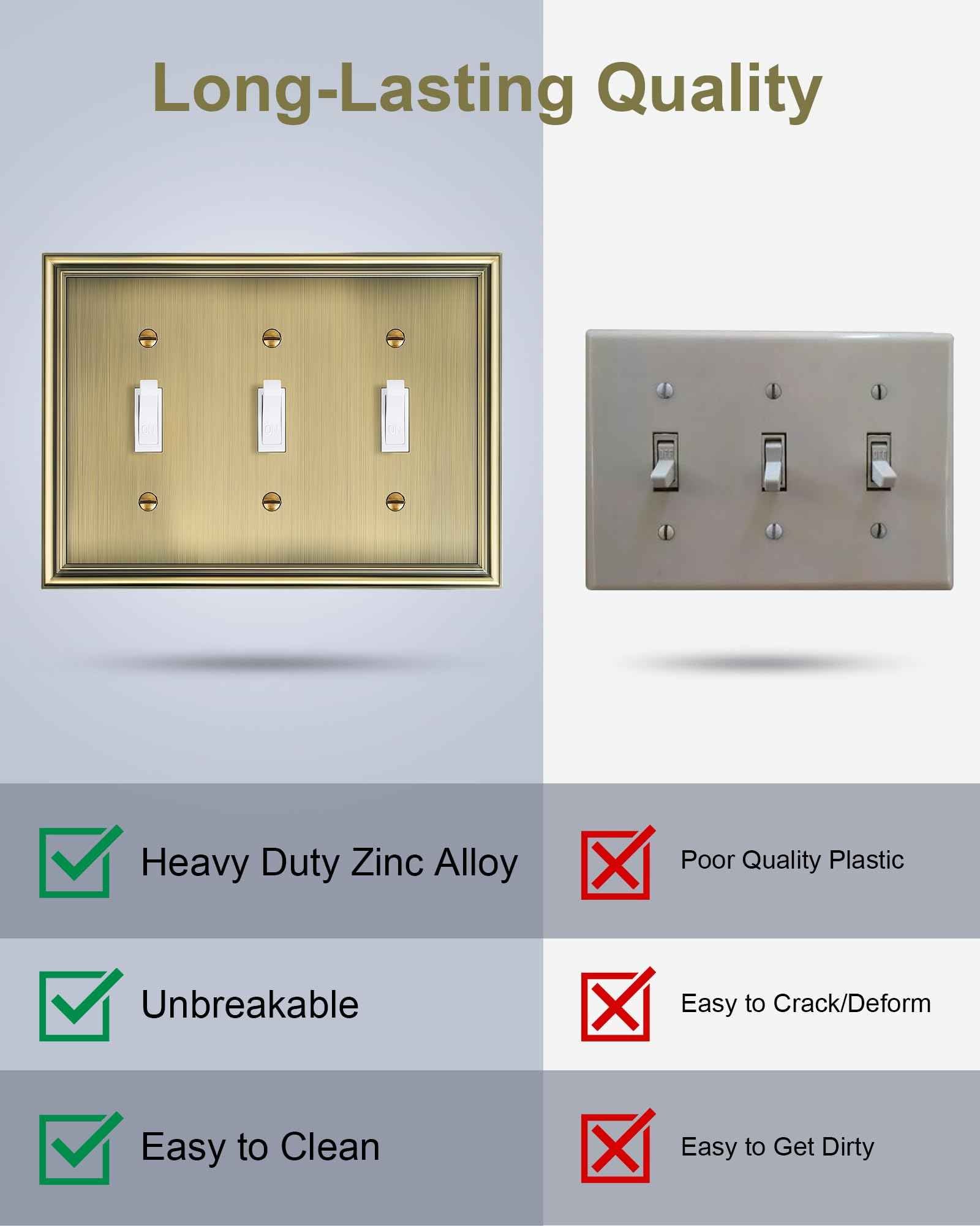 TREEWELL 2-Pack Triple Toggle Light Switch Cover Plate, Durable Solid Zinc Alloy Decorative Switch Plate Covers, Antique Brass 3 Gang Wall Plate, Corrosion Resistant