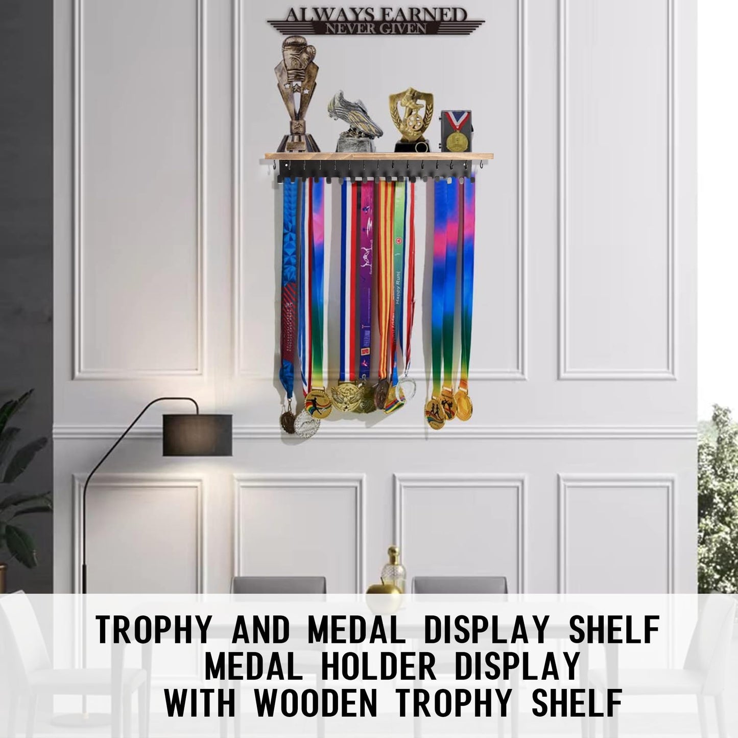 Defined Deco Medal Hanger Display and Trophy Shelf with 32 Hooks-Wooden Medal Holder for Wall Mount Ribbon Display,Soccer, Running Race Medals Awards Rack.