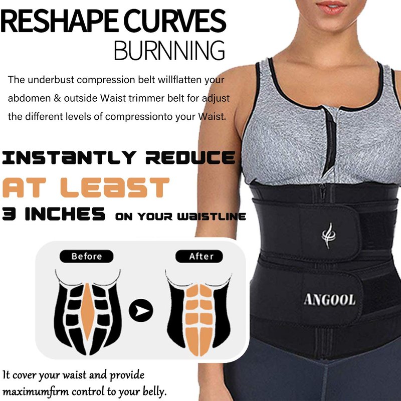 ANGOOL Neopren Waist Trainer For Women,Workout Plus Size Trimmer Belt Sauna Sweat Corset Cincher With Zipper Black