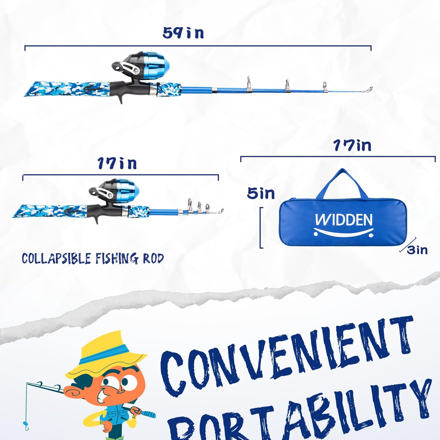 WIDDEN Kids Fishing Pole, 2 Pack Kids Fishing Rod Portable Fishing Rod with Double-Layer Tackle Box, Fishing Line, Reel, Bucket, Net for Boy, Girl, Youth, Beginner Blue
