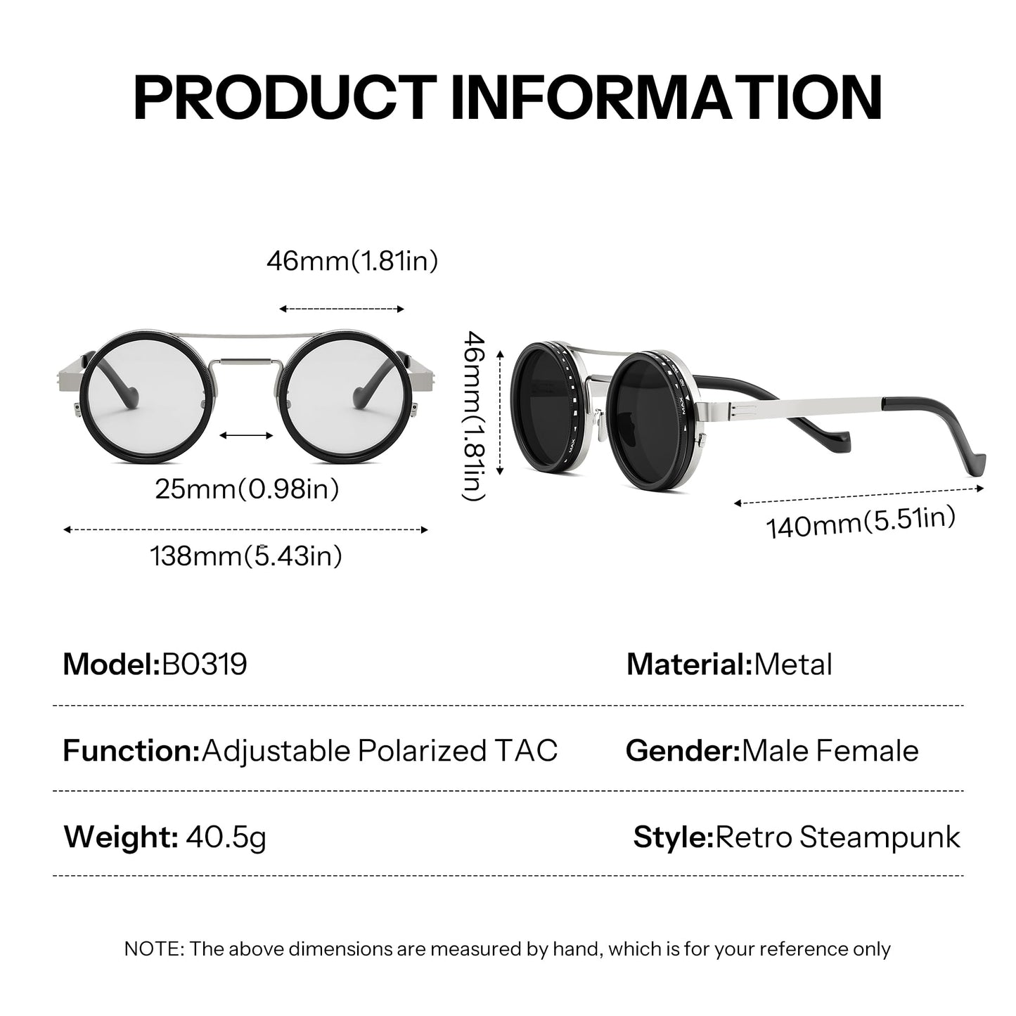 FEISEDY Adjustable Tint Aviator Polarized Sunglasses, 1-9 Gear Manual Dimming, Steampunk Round ND Filter Lenses UV400 B0319