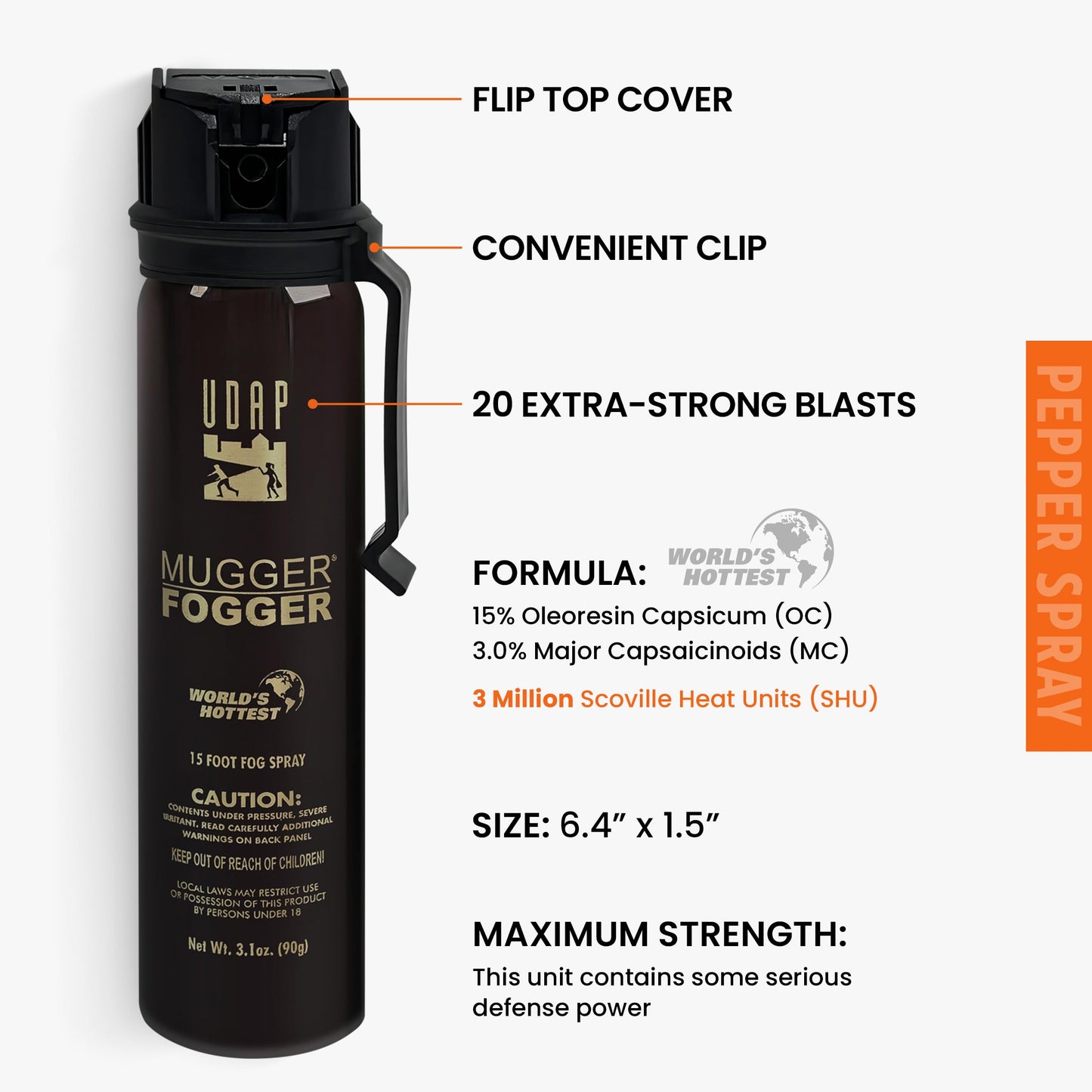 UDAP Pepper Power Mugger Fogger Hot OC Compact Self Defense Pepper Spray for Women, Men, and Runners, Powerful Blast Pattern, 15 ft Fog Barrier, 6MF, 3.1 oz