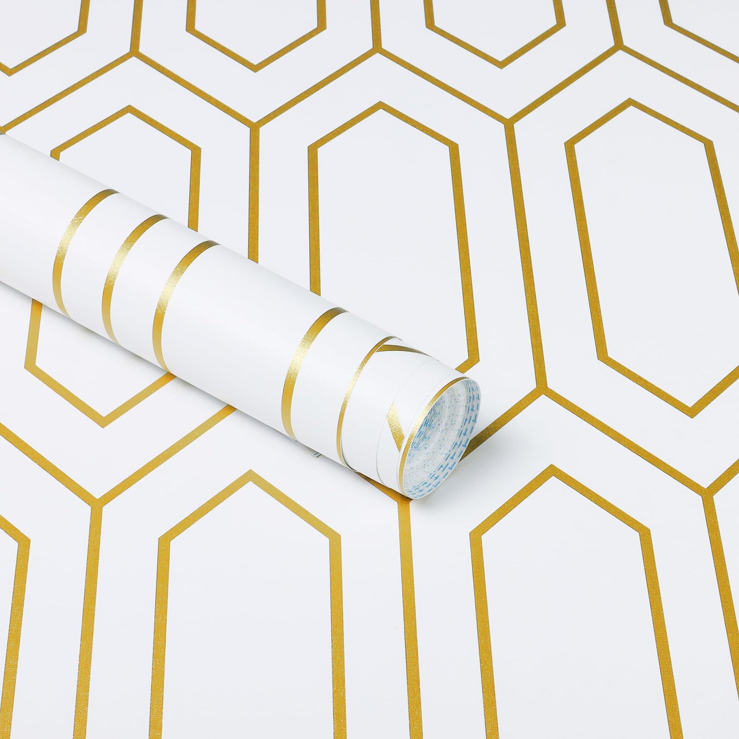 Safiyya Peel and Stick Wallpaper White and Gold Geometric Contact Paper Textured Modern Wall Paper Self Adhesive Removable for Bedroom Vinyl Roll 118"x17.3"