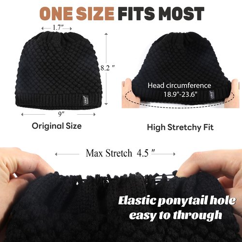 Lvaiz Hats Satin Lined Ponytail Beanie Knit Winter Hat for Women High Messy Bun Hat with Ponytail Hole Warm Skull Cap Women Black