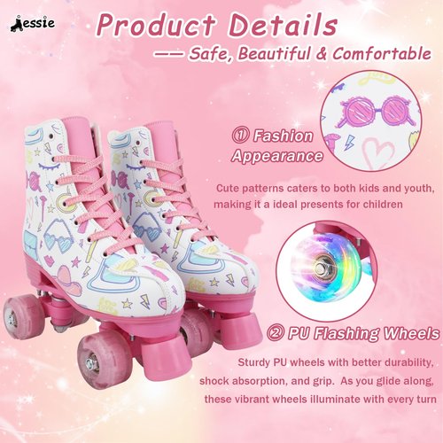 jessie Roller Skates Girls Ages 6-12 with Light Up Wheels PU Leather High-top Skate for Kids, Women, Youth and Beginners Outdoor(White,38-Women’s 8/Men’s 6.5)