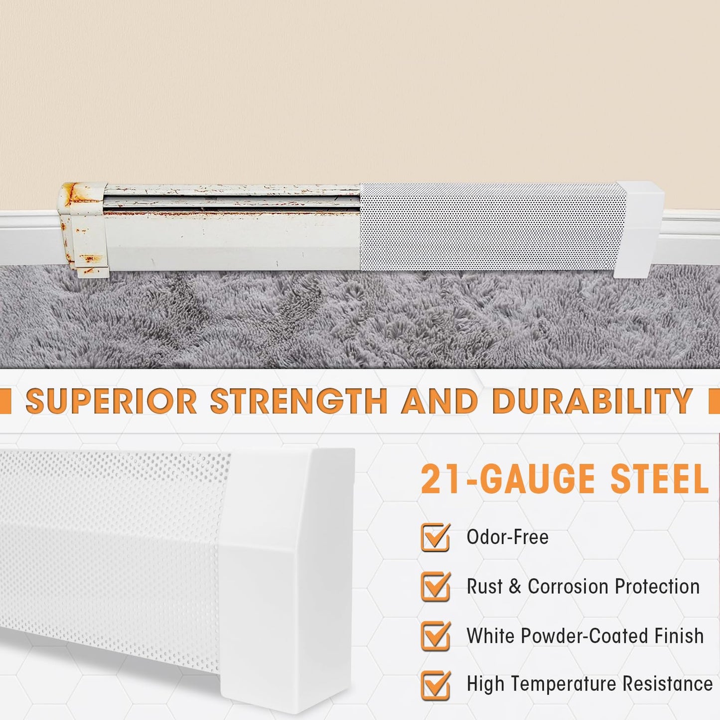 5ft Steel Easy Slip-On Baseboard Heater Cover with End Caps for Bathroom & Hydronic System for Replacing Old Cover, White