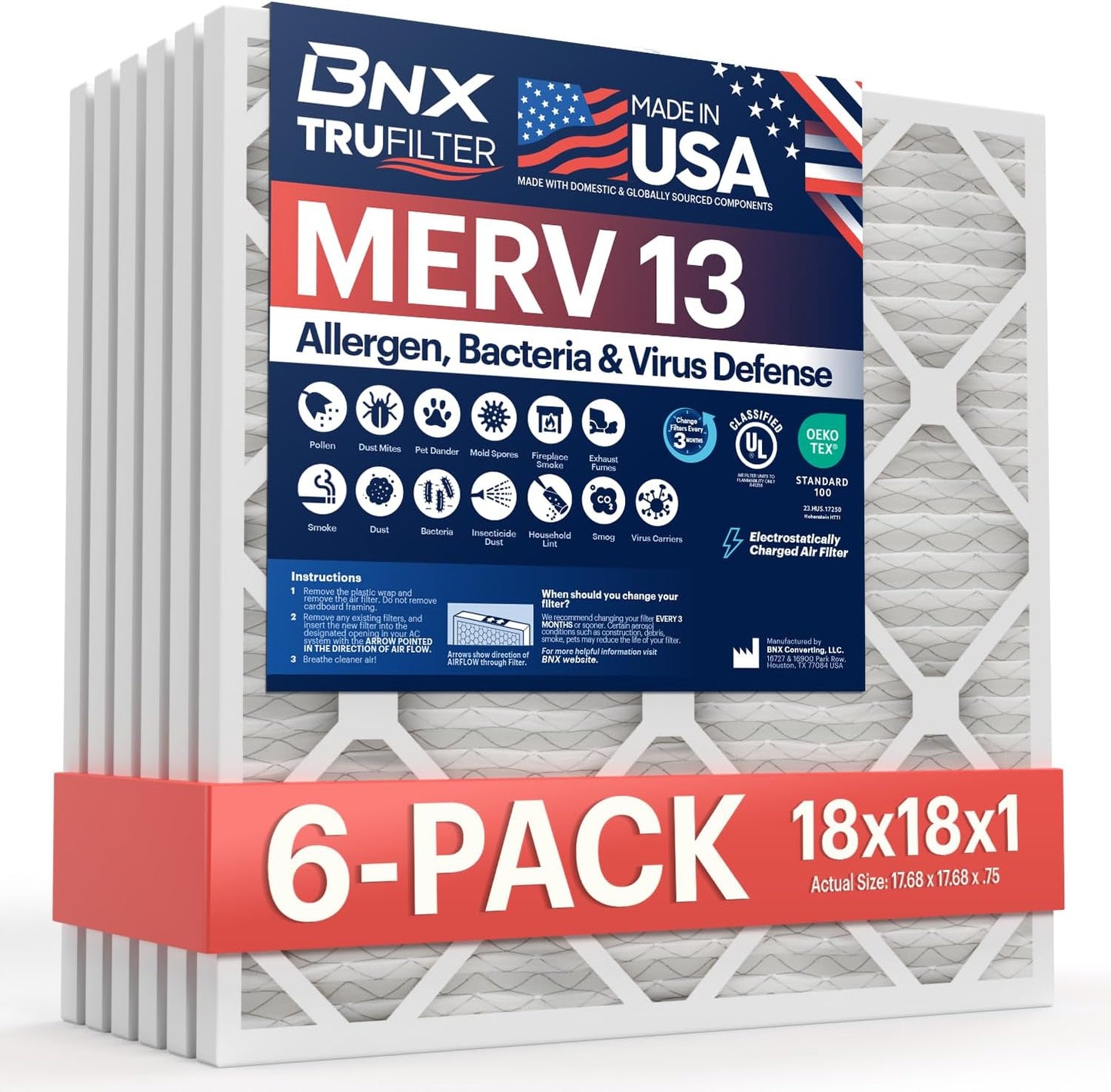 BNX TruFilter 12x12x1 MERV 8 Air Filters (6-Pack) - USA-Made Dust & Pet Defense for HVAC