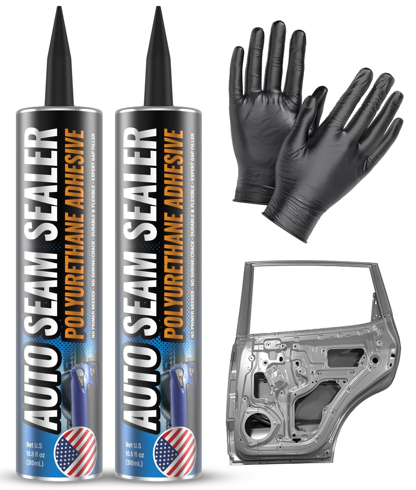 [Black] 2 Pack Professional Automotive Seam Sealer, Paintable Quick-Set Polyurethane Auto Body Seam Sealer for Metal Surfaces of Cars, Trucks, Etc, Includes Gloves & Tip - Black RV Roof Sealant