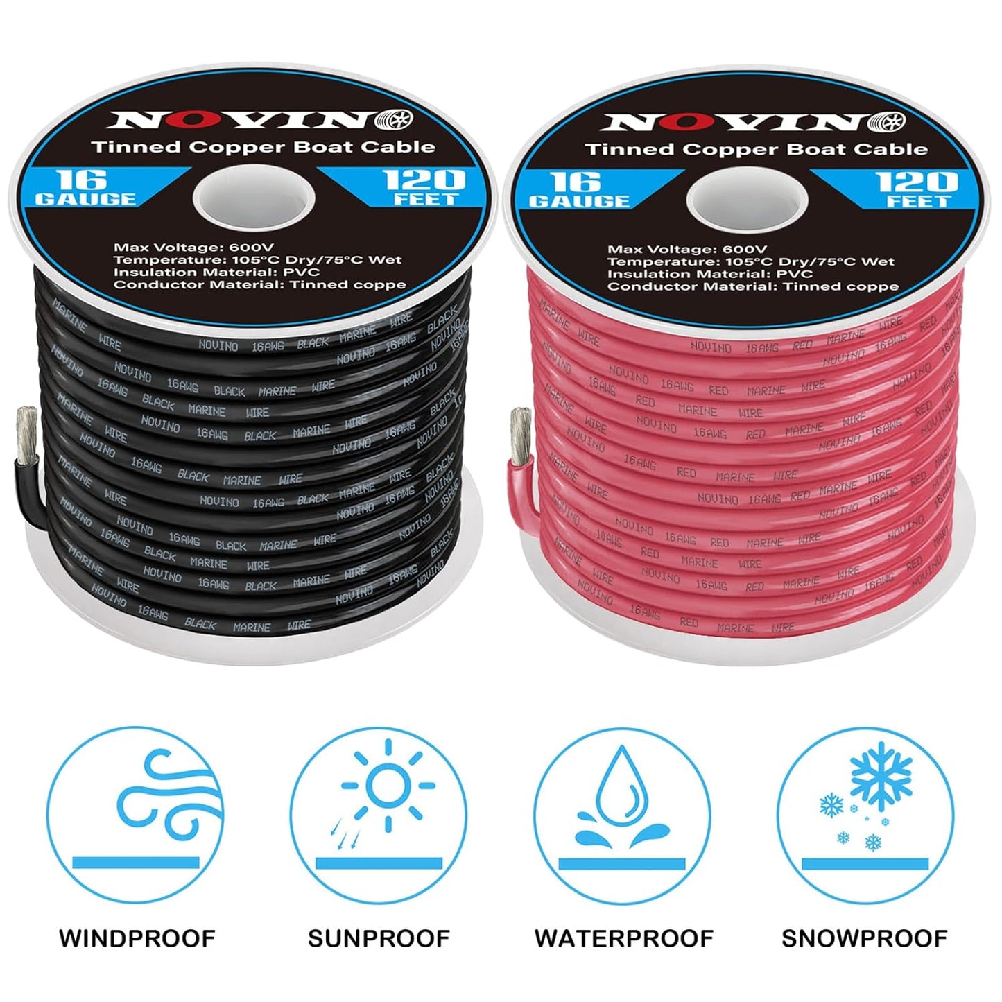 Skiennix 16 Gauge Marine Wire - 120FT Red & Black Tinned Copper Electrical Cable for Boats & RVs
