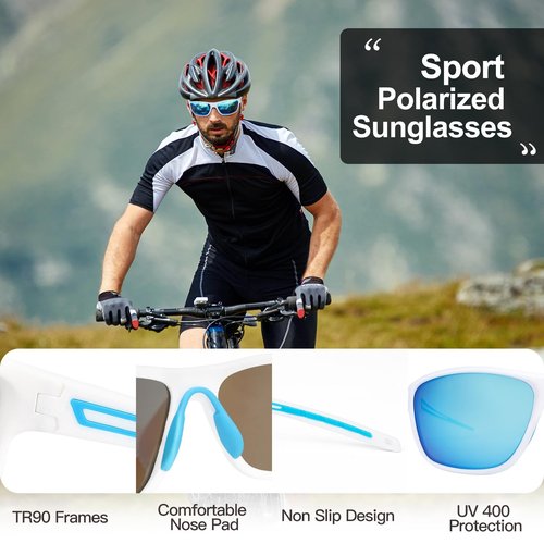 Konlley Sport Polarized Sunglasses for Men and Women, UV Protection Sunglasses Running Fishing Cycling with White Frame Blue Lens