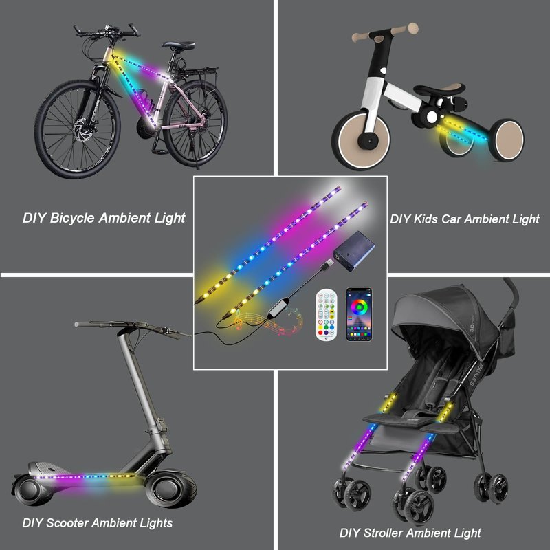 2 Strip Electric LED Music Sync Multicolor Lightning Changing Scooter Skateboard Bicycle Riding Lights Wireless Battery Powered USB Remote APP Bicycle Scooter Lights