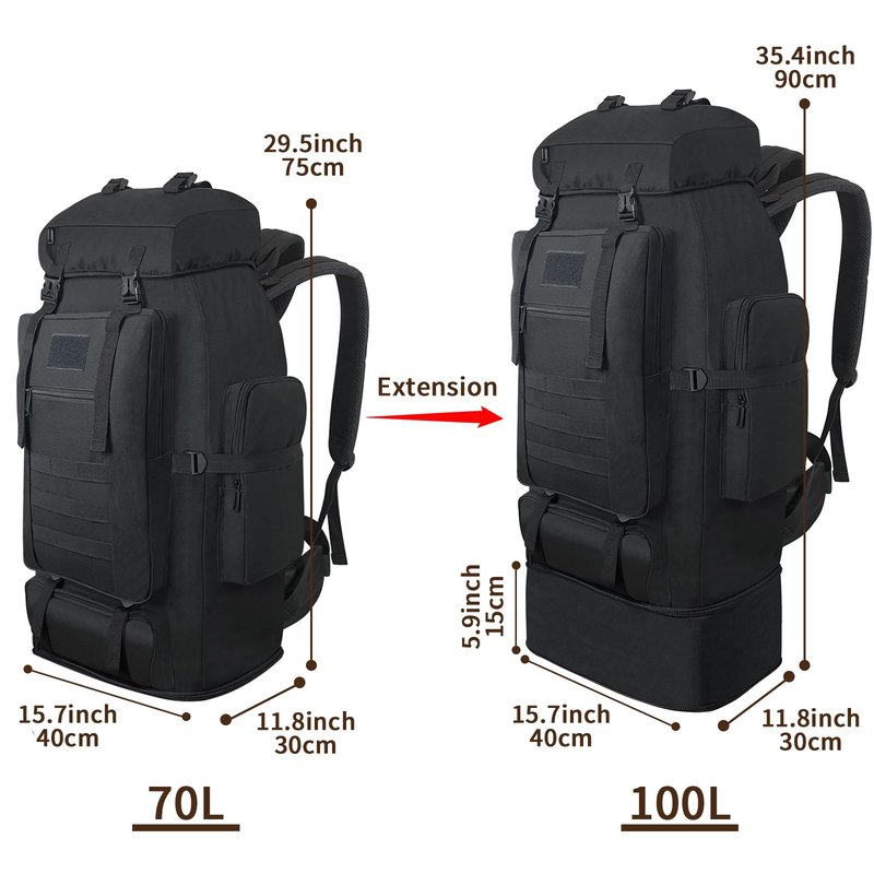 Vaupan Hiking Backpack, 100L Large Camping Backpack, Expandable Waterproof MOLLE Rucksack, Outdoor Sport Travel Daypack Military Tactical Back pack for Men Women (Black)
