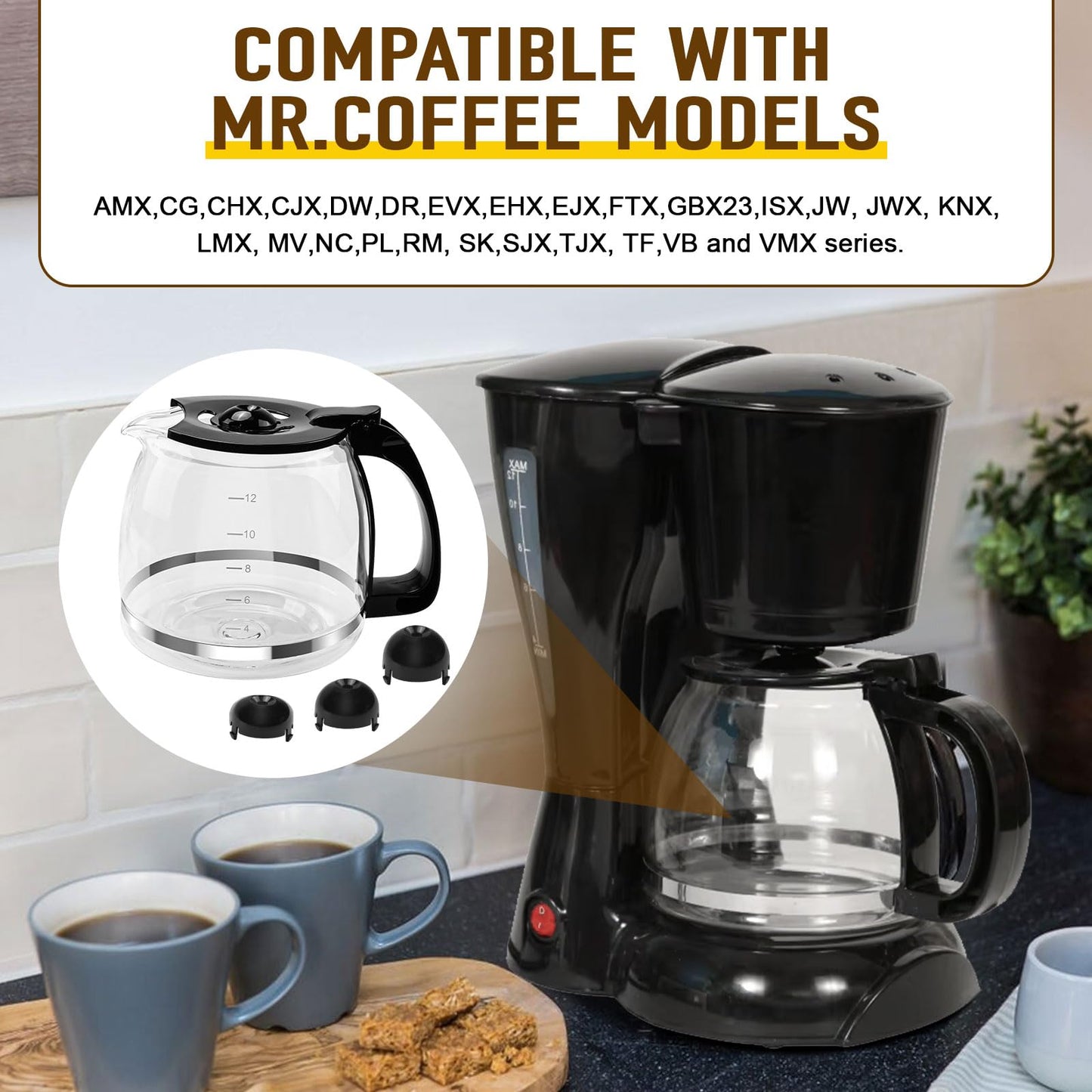 12 Cup Coffee Machine Glass Carafe Replacement for Mr. Coffee - With Heads Three Different Heights, Universal Carafe Coffee Maker Pot Accessory Easy Pour Spout and Comfortable Grip Handle,Black