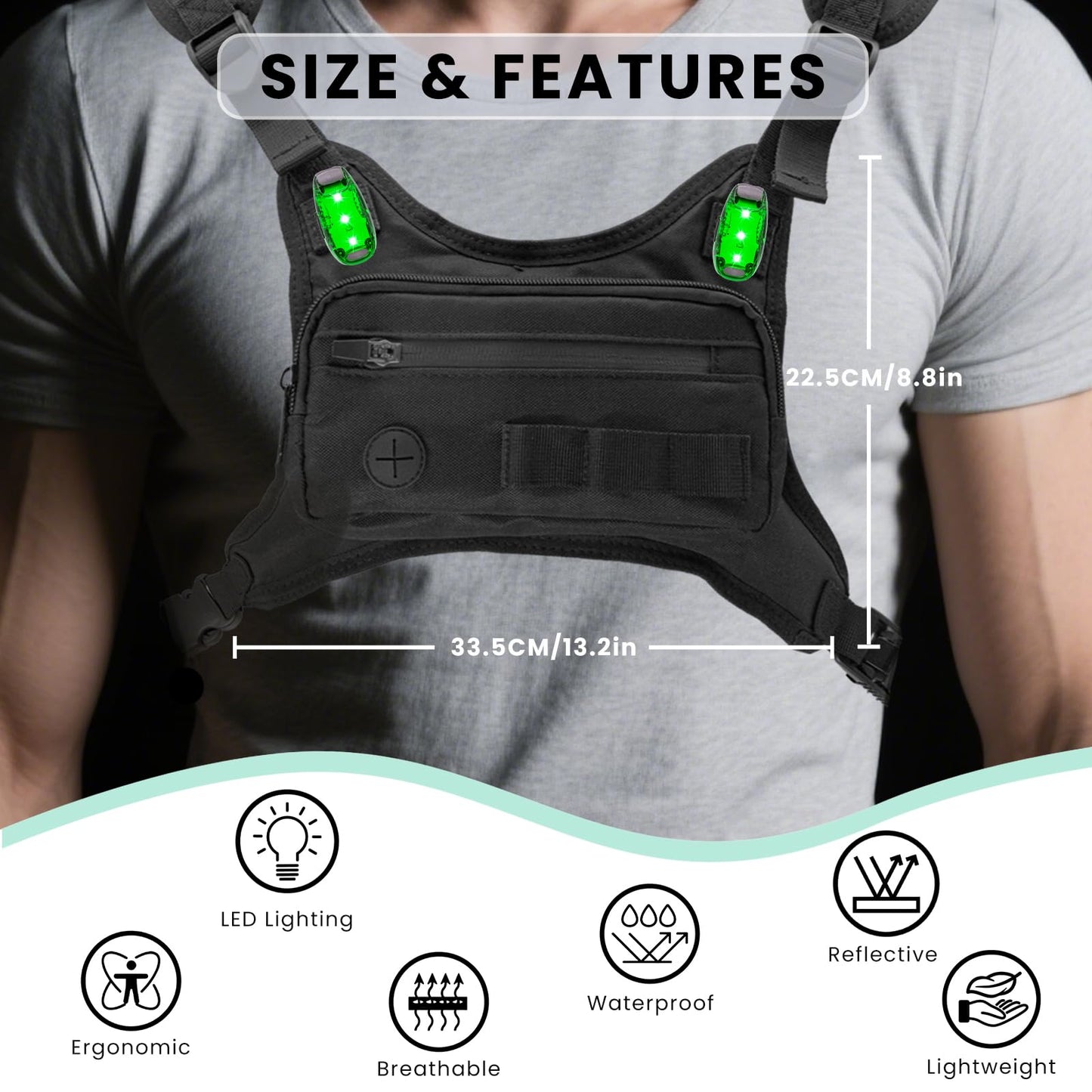 Running Chest Pack with Light, Chest Packs for Phone Holder, Edc Bag for Running, Lightweight Extra Storage Sports Chest Pouch for Runners Cycling Motorcycle Hiking
