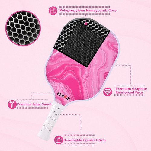 Composite Pink Pickleball Paddle with Cover for Women, Graphite Carbon Fiber Polypropylene Honeycomb Core Pickleball Racquet Gift for Mother Wife Grandmother Girlfriend, Pink Marble