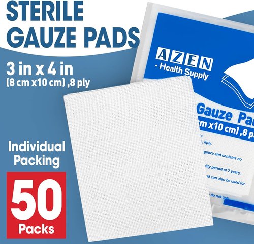 AZEN Sterile Gauze Pads - 50 Pack Non-Stick 3" x 4" Cotton Sponges for Wound Care & First Aid