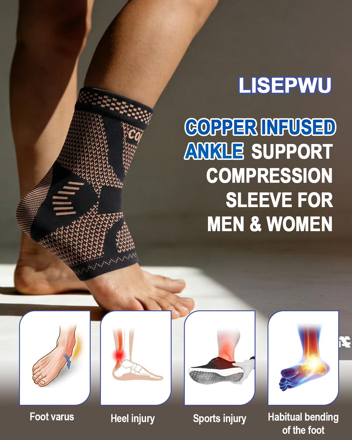 LISEPWU Copper Ankle Brace, Copper Infused Ankle Support Compression Sleeve for Men & Women, for Foot Pain Relief, Sprained Recovery, Achilles Tendonitis, Daytime or Night Use(XL)