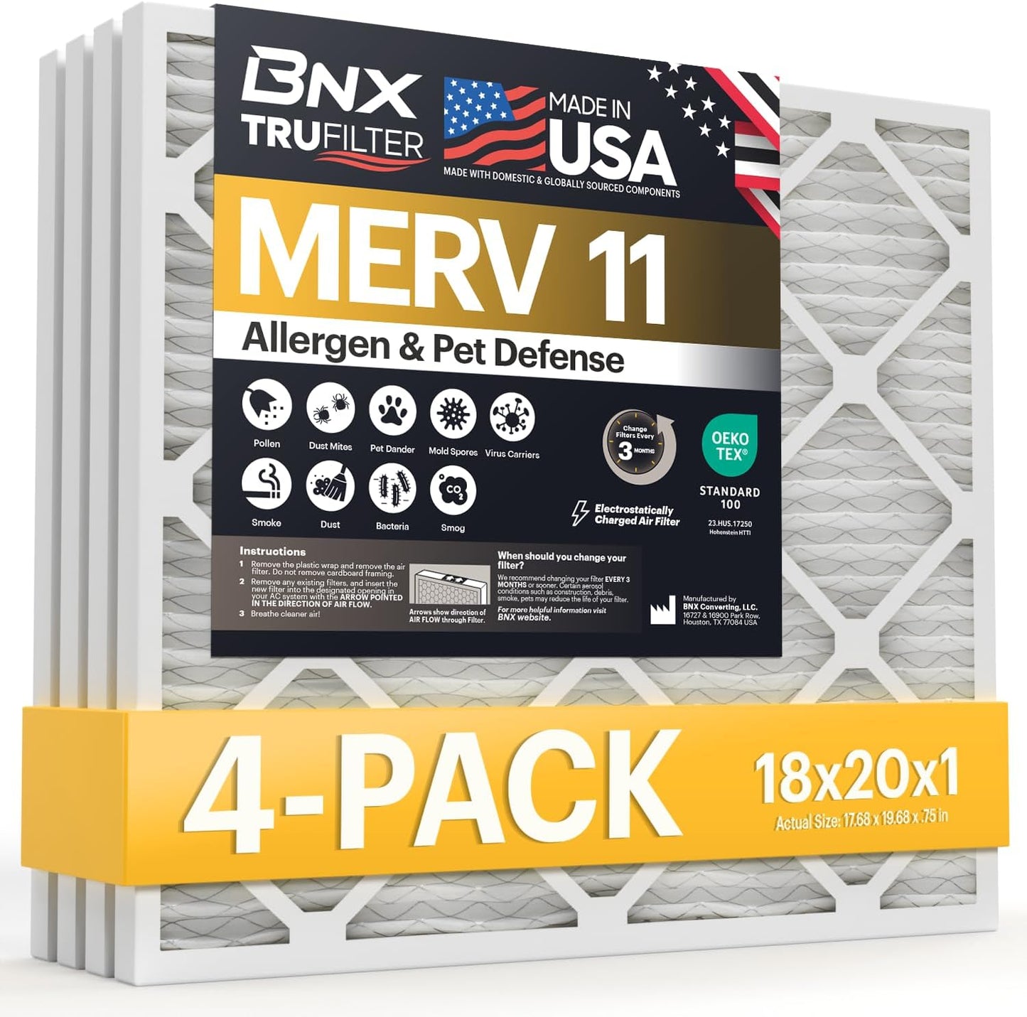 BNX TruFilter 12x12x1 MERV 8 Air Filters (6-Pack) - USA-Made Dust & Pet Defense for HVAC