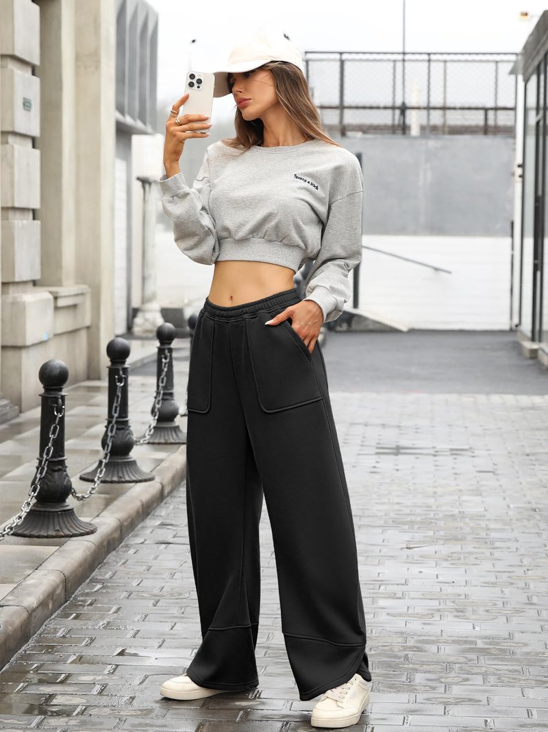 ELLEVEN Womens Wide Leg Bareel Baggy Fleece Lined Sweatpants Cotton Lounge Thermal Pants Low Rise Elastic Waist Pockets Winter Warm Fall Pants Mujer Athletic Gym Yoga Black Medium