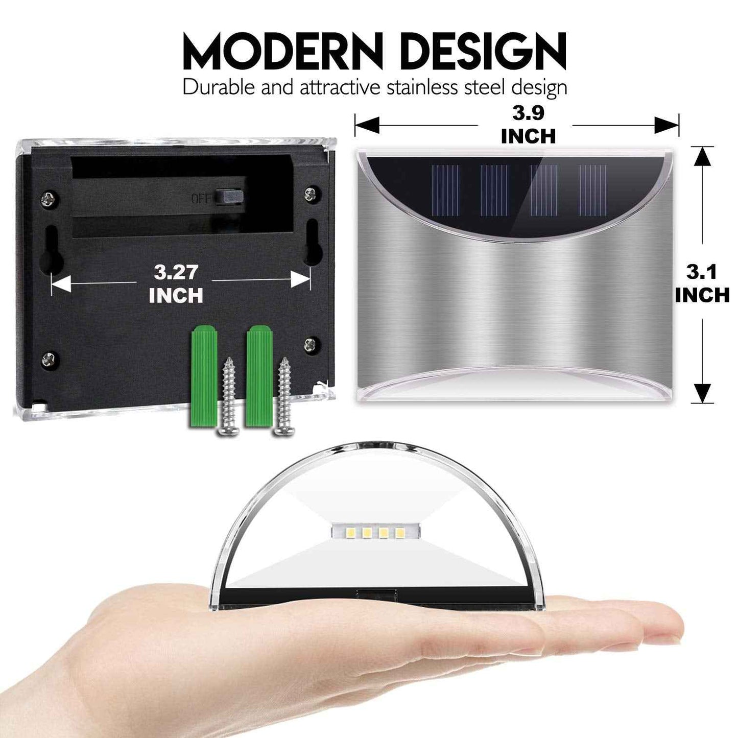 LeiDrail Solar Fence Lights Outdoor Deck Fence Stair Cold White Lights Sun Powered LED Illuminated Landscape Lighting Waterproof for House Yard Garden Post Silver - 2 Pack