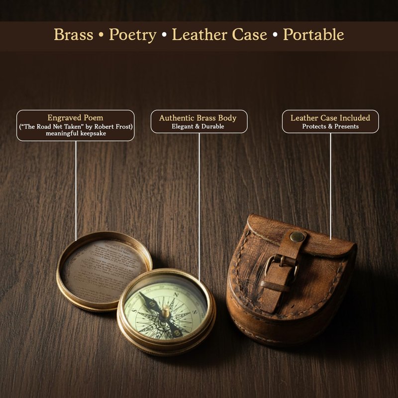 Wind & Weather Antiqued Brass Poem Compass with Leather Case