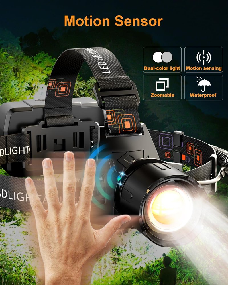 SKYFIRE Rechargeable Headlamp 3000 Lumens Motion Sensor, LED Super Bright 7500mAh Battery, Zoomable Waterproof Head Light for Running Cycling Camping Hiking - Dual Light Sources Warm & White Light
