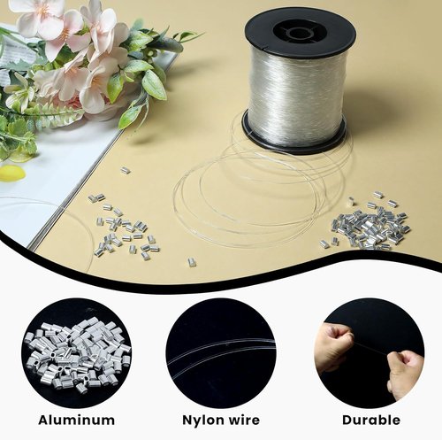 Clear Hanging Wire - 0.8mm Heavy Duty Fishing Line Up to 75Lbs | 820FT Invisible Nylon Thread with 120 Aluminum Crimping Sleeves