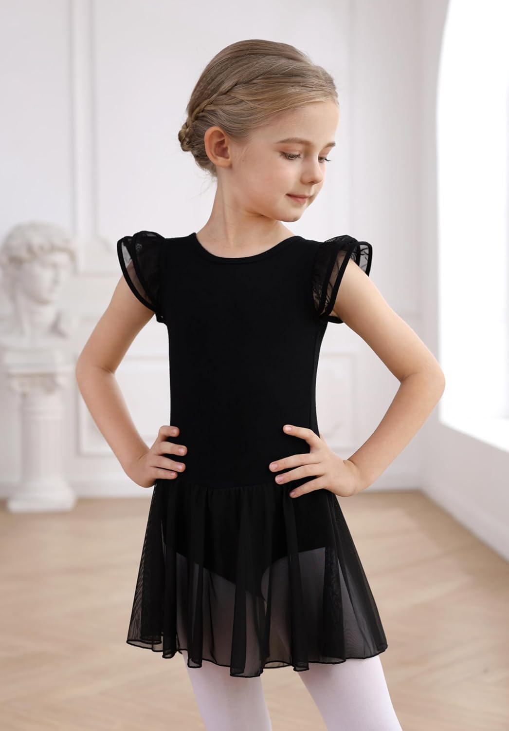 MdnMd Girls Ballet Leotard Dress - Toddler Ballerina Outfit with Hollow Knot Back & Flutter Sleeves