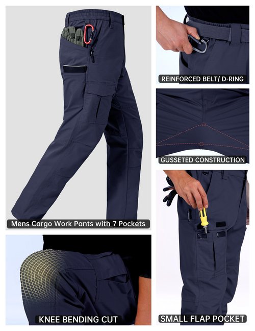 CNBQDD Men's Cargo Pants Durable Ripstop Work Pants with 7 Pockets Water Resistant Outdoor Hiking Construction Pants Dark Blue 34Wx32L