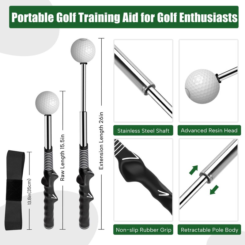 BAIRBRE Retractable Golf Swing Training Aid, Golf Grip Trainer for Swing Tempo & Chipping Practice, Right-Handed Golf Swing Trainer with Arm Band for Beginners, Indoor Outdoor Practice