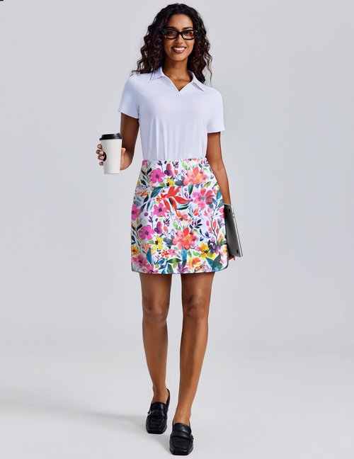 PINSPARK 18" Skorts for Woman Golf Skirt Quick Dry Pickleball Skirts with Pockets Tummy Control Active Rip Skirt, Mixed Floral Medium