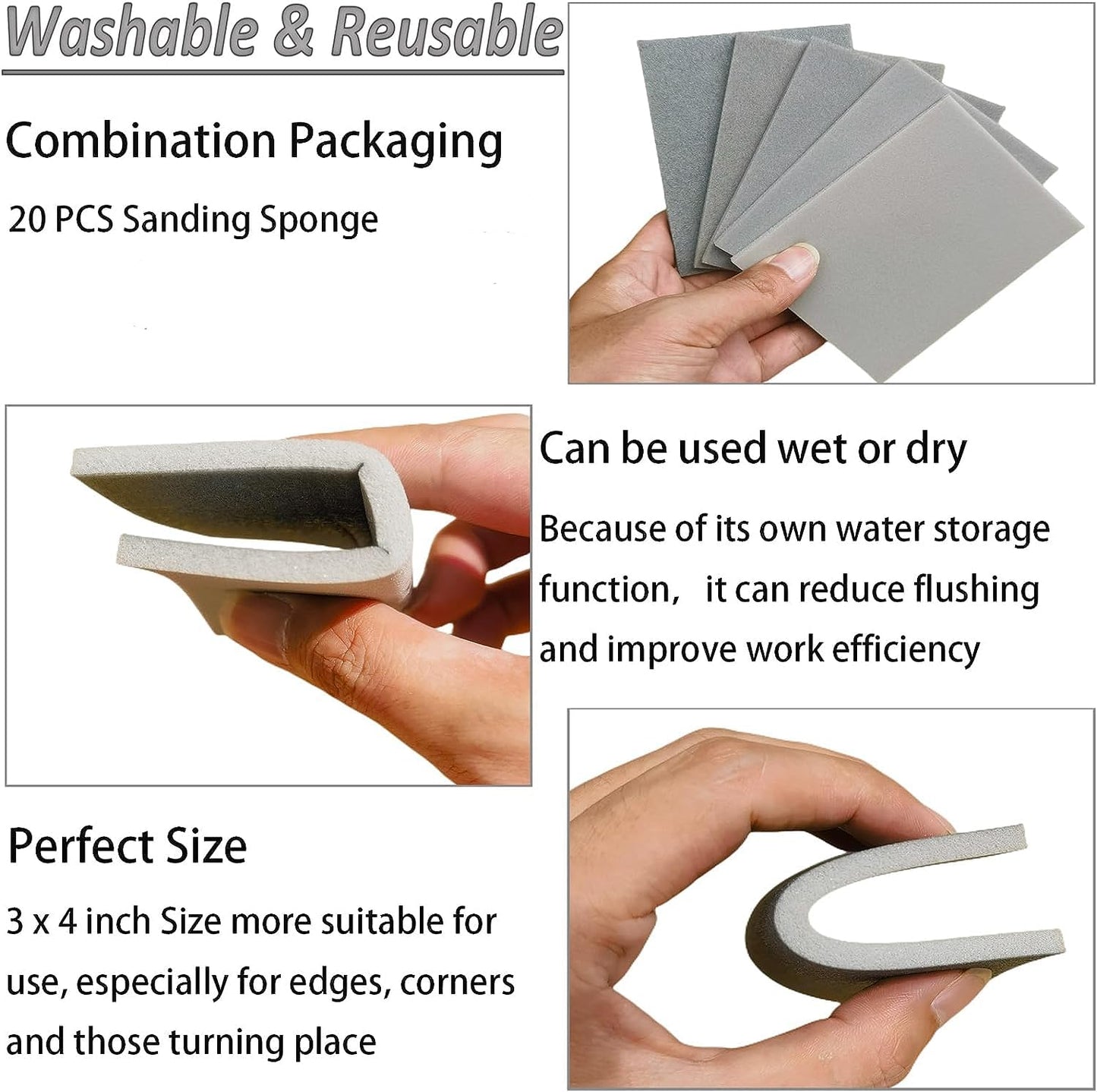 Tonmp 20 Pcs 3 x 4 Inch 600 Grit Sanding Sponge Set, Ultra Fine Sanding Sponges Pads, Soft Foam Hand Sander Block Wet Dry Sandpaper for Model Drywall Metal Wood Furniture Polishing (600 Grit)