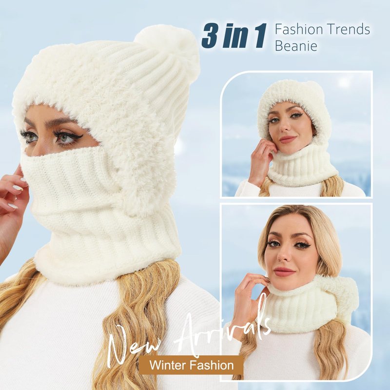 Sumolux 3 in 1 Beanie Hats for Women Fleece Lined Scarf and Mask Outdoors Windproof Knitted Ski Mask Set White
