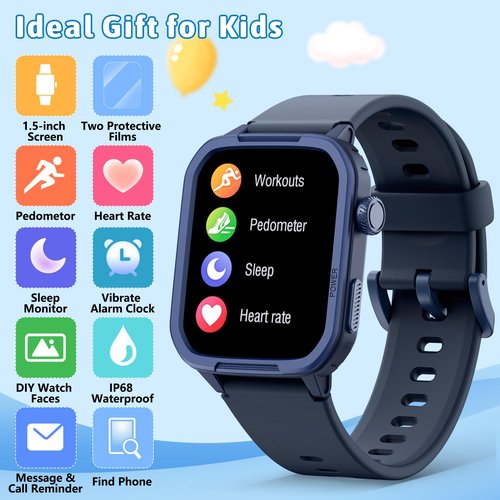 Kids Smart Watch for Boy Girl, Kids Watches with 19 Sport Modes, Heart Rate, Sleep Monitor, Pedometer, Alarm Clock, IP68 Waterproof Fitness Tracker, Gift for 6-16 Year Old Boys Girls Toys (Blue)