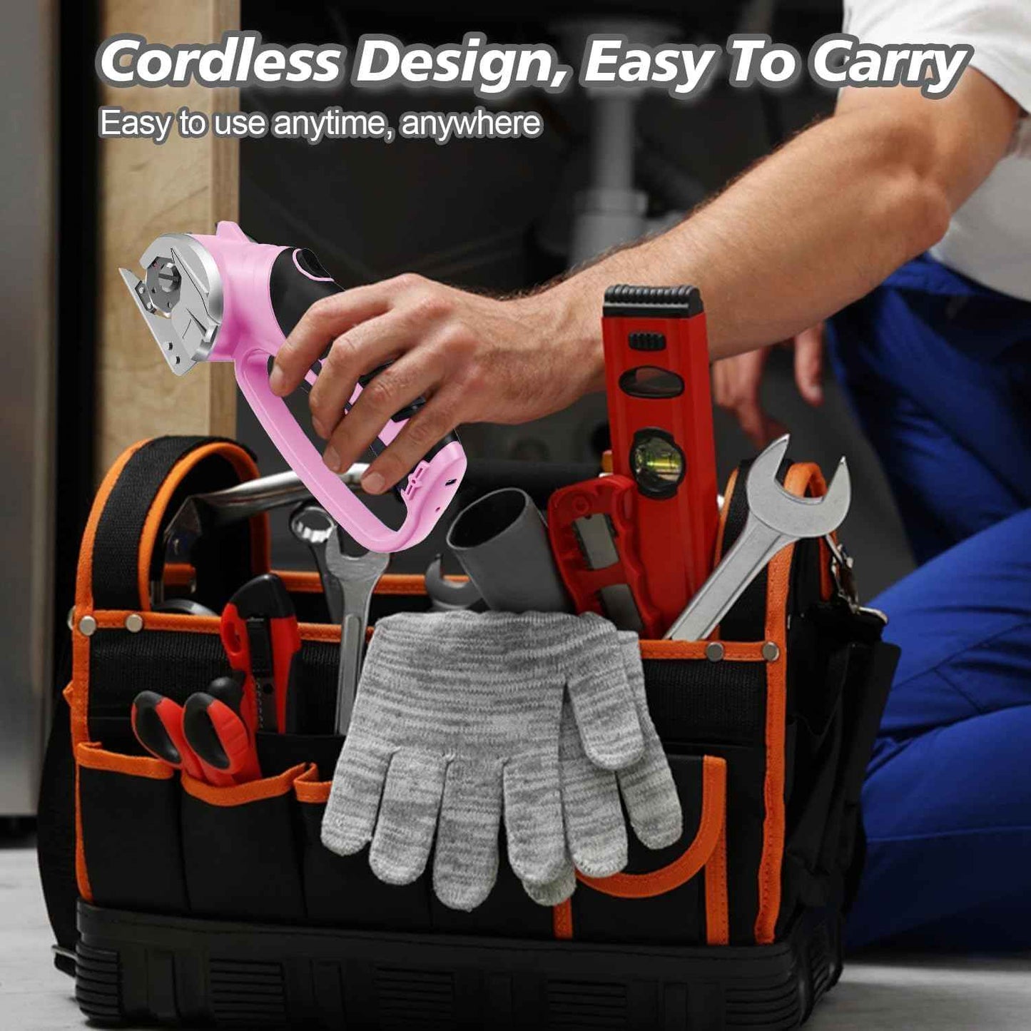 Cordless Electric Scissors, 4V Rechargeable Box Cutter & Cardboard Cutter with Titanium Blade, LED Light, Safety Lock - Rotary Cutter for Fabric, Leather, Carpet, Plastic, Crafting, Sewing (Pink)