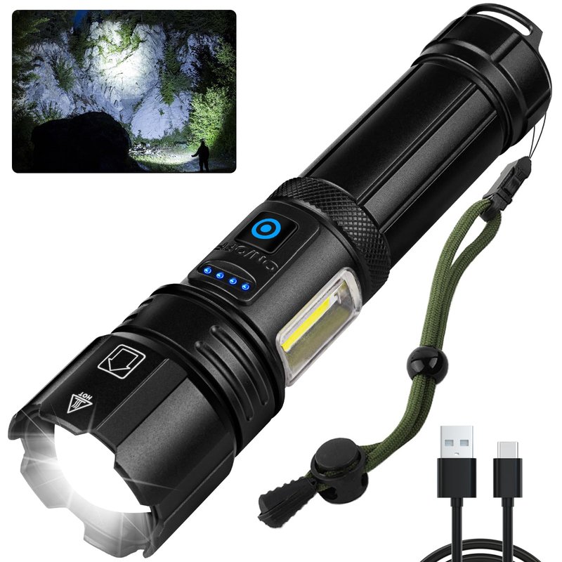 KINGCAESAR Flashlights High Lumens Rechargeable - 90,000 Lumens, Super Bright Flash Light with 5 Modes, IPX7 Waterproof Powerful LED Flashlight for Home, Outdoor Activities