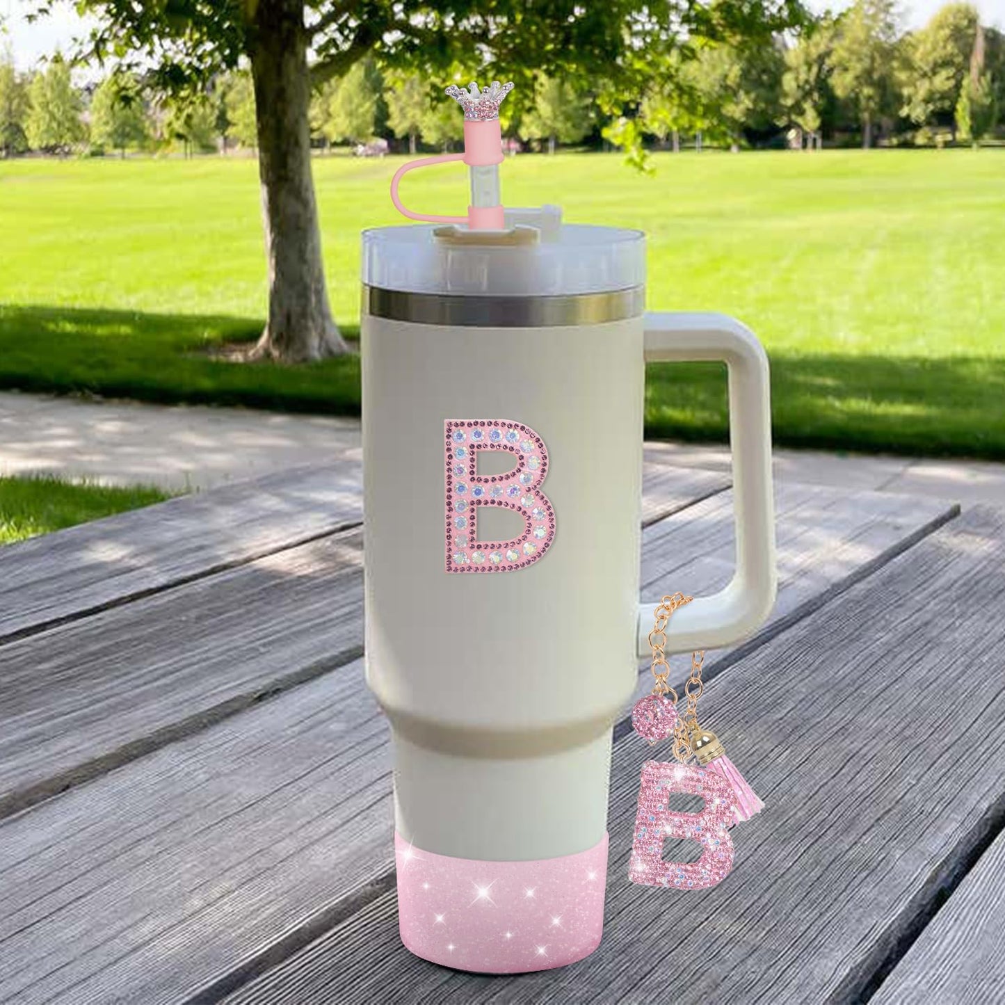 JUNIQUTE Pink Diamond Letter Charms Accessories For Handle Set,Bottom Protector for 40oz 30oz Stanley Cup Diamond Crown Straw Cover & Sticker (M)