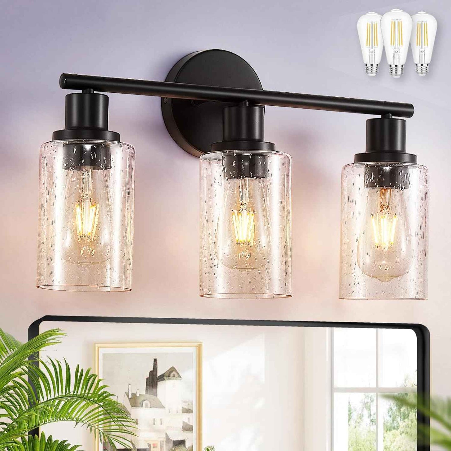 Modern Black 3-Light Bathroom Vanity Light Fixtures with Clear Glass Shades - 2 Pack
