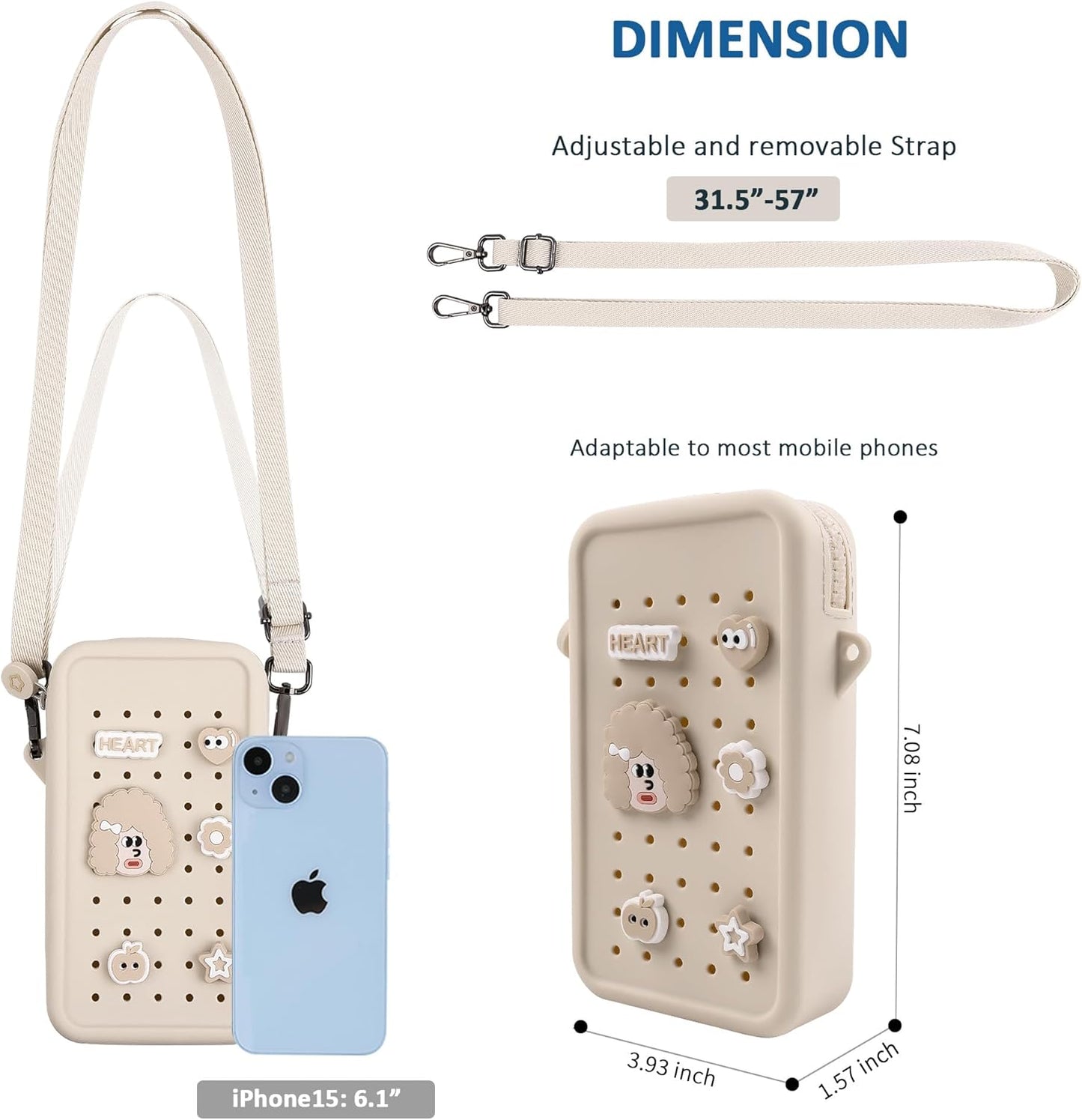Skiennix Silicone Crossbody Bag - DIY Charm Compatible, Waterproof & Lightweight Phone Purse | Beige