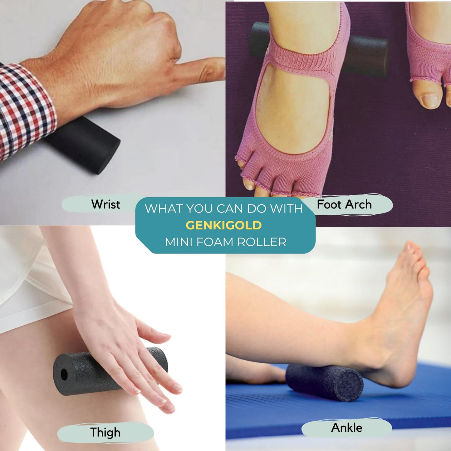 Genkigold Mini Massage Foam Roller High Density - 100% Recycled Non-Toxic Material - Portable Pocket-Sized for Travel - Foot Arch,Legs & Arms Pain Target - Waterproof and Durable 15x6cm(Black)