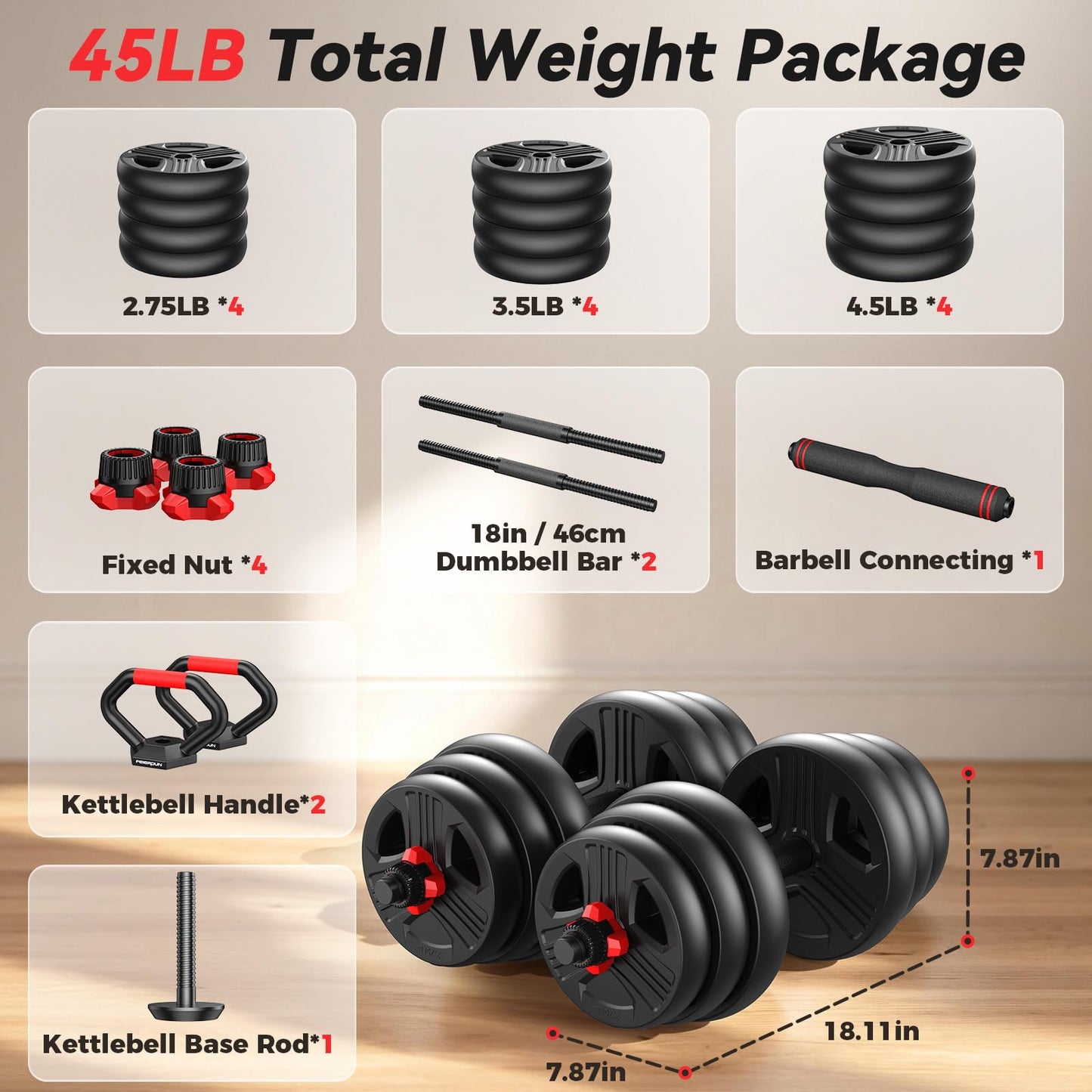 FDS1 Adjustable dumbbell set, 45lbs Free Weights set with upgraded nut, 5 in 1 Weight Set Used as Kettlebells, Barbell, Push up Stand, Fitness Exercise for Home Gym Suitable Men/Women