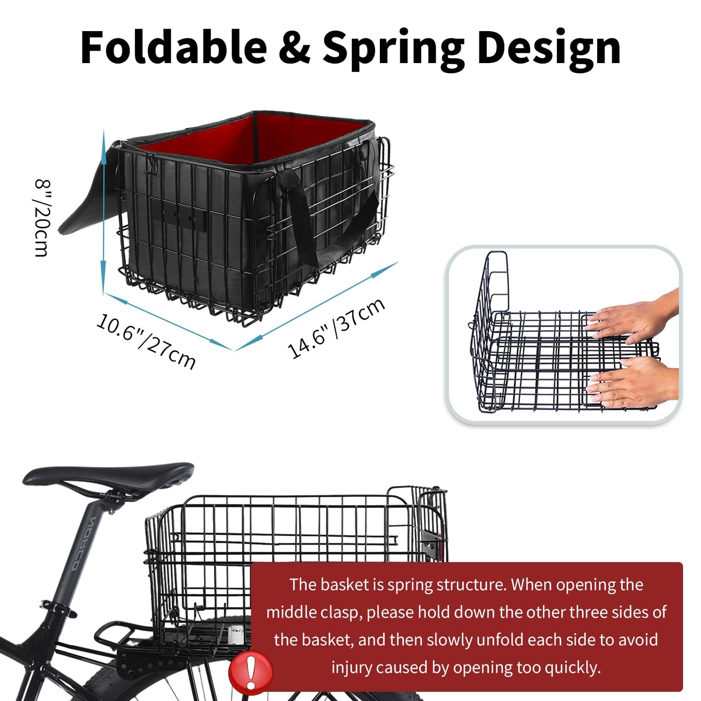Foldable Bike Basket Rear with Bag Cargo Net Cover Bicycle Baskets for Adult Bikes Spring System for Carrying Grocery Small Dog Cat