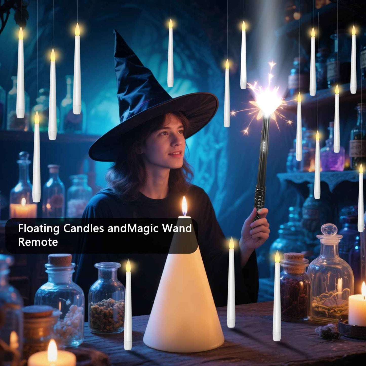 Eebuss Flameless Floating Candles with Magic Wand, 12 Pcs Hanging Flickering LED Taper Candles, Battery Operated Taper Candle with Remote for Children Gift Halloween Decor (White)