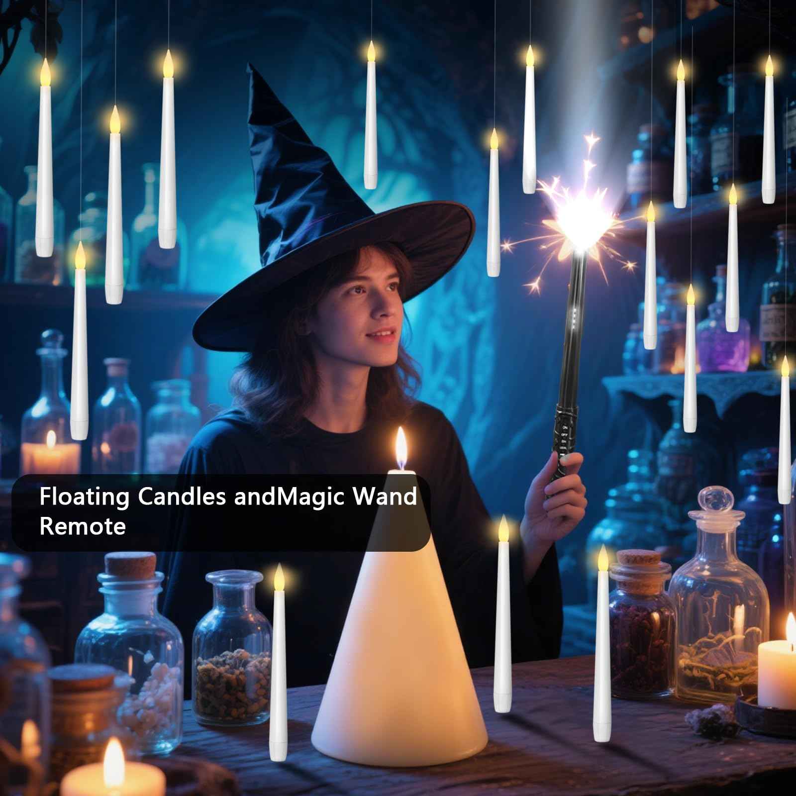 Eebuss Flameless Floating Candles with Magic Wand, 12 Pcs Hanging Flickering LED Taper Candles, Battery Operated Taper Candle with Remote for Children Gift Halloween Decor (White)