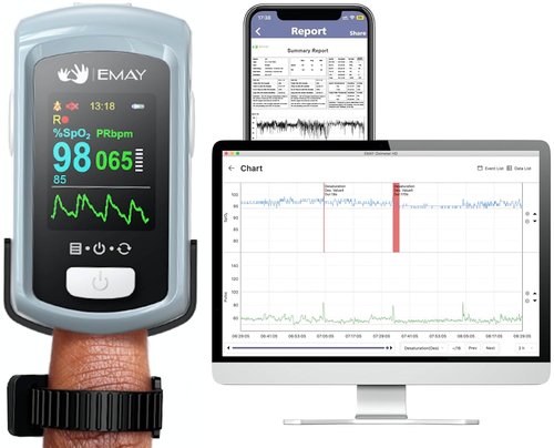EMAY Sleep Oxygen Monitor - Bluetooth Pulse Oximeter with 72-Hour Memory & App for SpO2 Tracking
